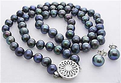 7-8MM Black Akoya Cultured Pearl Necklace Earring 18".