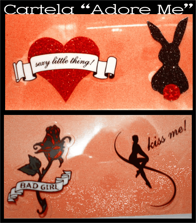 Esta cartela contém 4 tattoos, sendo a de coração e de coelho de glitter.
