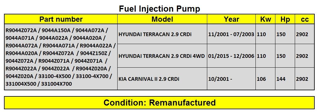 Fuel Injection Pump 33100-4X500 R9044Z020A for Hyundai Terracan 2.9 CRDi