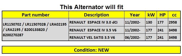 Vel Satis 3.5 V6 177kw 241hp Nuevo Alternador Renault Espace IV 3.5 V6 2002 -