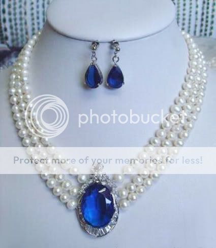 rows white pearl sapphire pendant necklace earrings 17 19” 6 7mm